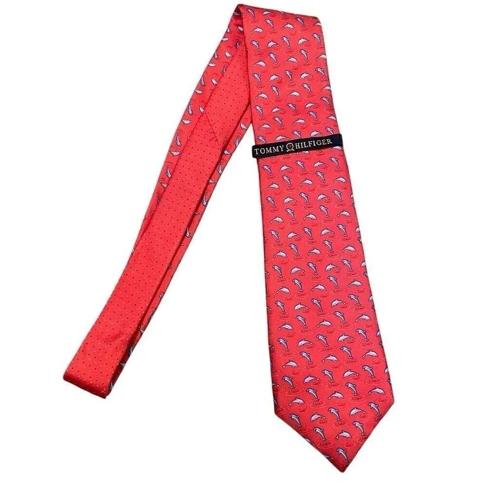 Tommy Hilfiger Mens Necktie 100% Silk Red Blue Dolphin Sportfish Gulf Coast